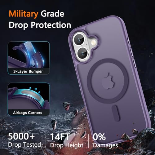 Image of LATVIN for iPhone 16 Plus Case, Magnetic Phone Cover, Compatible with MagSafe, Military Grade Protection, Translucent Matte Frosted Back, Purple