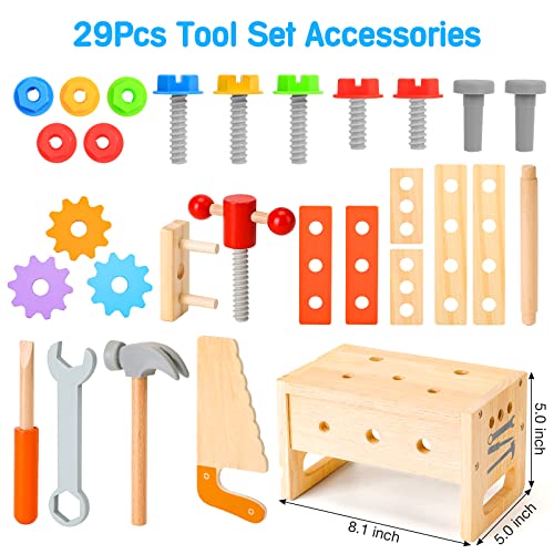 image for Hieoby Wooden Tool Set for Kids 2 3 4 5 Year Old, 29Pcs Educational ST