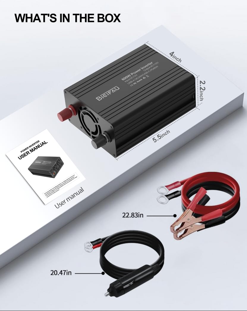 Falownik samochodowy 600 W: przekształca 12 V DC w 110 V AC z wygodnymi portami USB i dwoma gniazdami AC