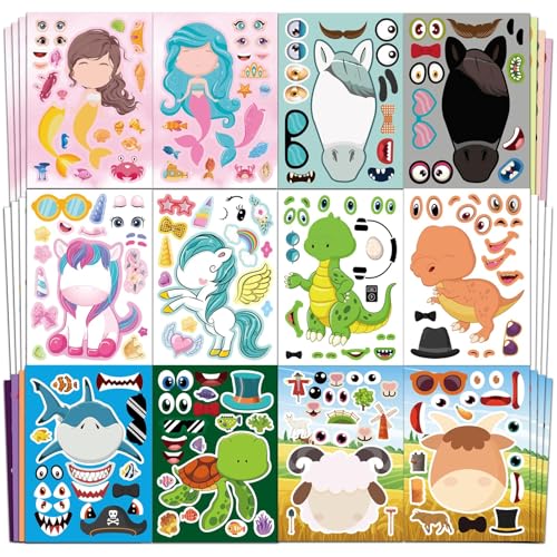 Aowplc 36 Pcs Make-A-Face Sticker Sheets Kids Party Favors Mix and Match Stickers with Dinosaurs Mermaids Unicorns Horses Farm & Sea Animals for Parties Birthdays Classroom Activities & Crafts