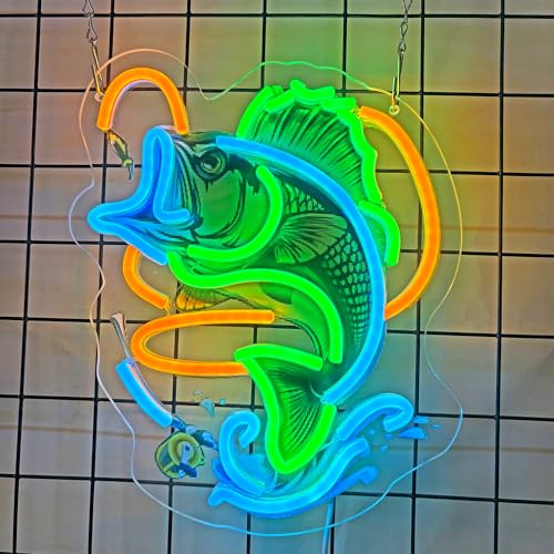 Image of Fishing Neon Sign with UV Printed Backboard, LED Neon Light for Bar, Fishing Room, Man Cave, Garage, Game Room, Nautical Wall Decor