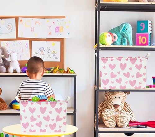 Image of NTAOHAMPER 24L Children's Day Father Gifts Pink Heart Fabric Storage Basket Empty with Handles, Books Box, Lovely Storage (Pink Heart)