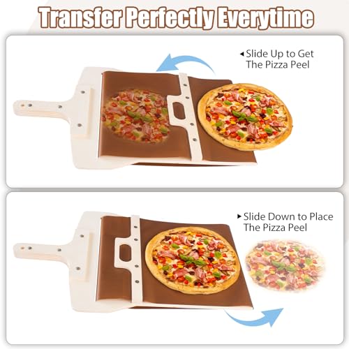 Leozzo Sliding Pizza Peel, Pizza Slider Paddle with Pizza Cutter Rocker, Non-Stick Pizza Peel Slider with Handle Detachable Transfers Pizza Pie, 12” Wood Sliding Pizza Peel with Replacement Cloth