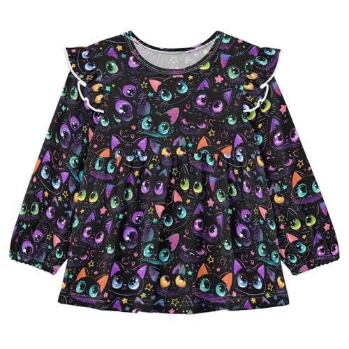 Dark Cat Eyes Girls Shirts Cotton Long Sleeve Ruffle Toddler Tee Tops