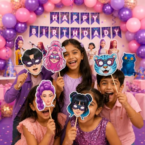 Image of Wanna Party Korean Pop Demon Hunters Birthday Decoration Kit | Happy Birthday Banner, 40 Pink & Purple Balloons, 8 Party Hats, 5 Character Cutouts, 5 Photo Booth Props & Cake Topper Set
