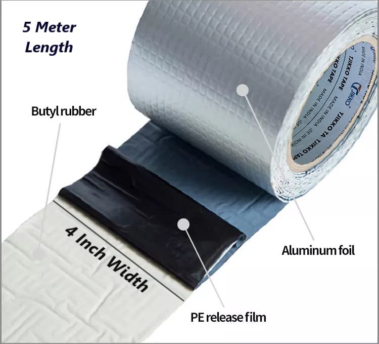 TJIKKO LeakLock Tape - Waterproof Roof Patch, Pipe Leak, Gutter Repair, Window Seal - UV Resistant, All-Weather Aluminium Foil Butyl Rubber Flashing Tape (4" x 5m)