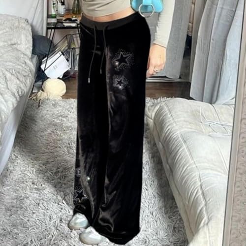 Womens Y2k Gothic Drawstring Flare Pants Streetwear Casual Star Rhinestone Low Rise Disco Pants Bell Bottoms3