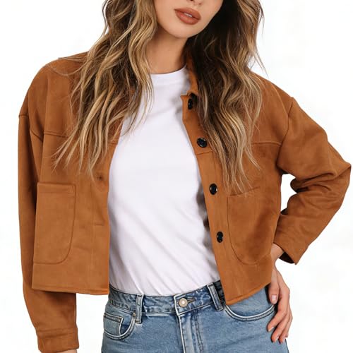 LEACOOLKEY Womens Faux Suede Cropped Jacket Casual Lightweight Coat Fall Winter Fashion Outerwear Brown