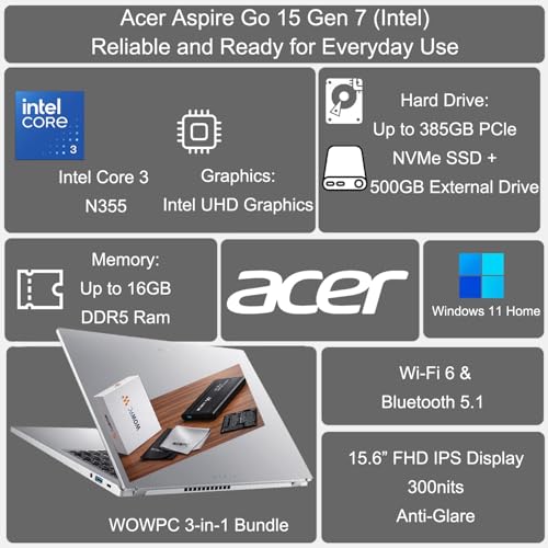 Image of acer Aspire Go 15 Everyday Laptop, 15.6 inch Full HD IPS Anti-Glare Display, Intel Core 3 N355, 16GB DDR5 RAM, 384GB NVMe SSD, Includes 500GB External Drive, Wi-Fi 6, Windows 11 Home, WOWPC 3-in-1 Bundle