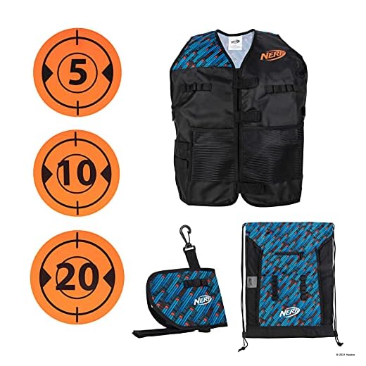 Jazwares Nerf NER0311 Elite Deluxe Gear Pack – Gilet Tactique avec étui de Hanche, Sac à Dos Cinch et 5 cibles – Blast Into Battle – Exclusivité Amazon – Multicolore