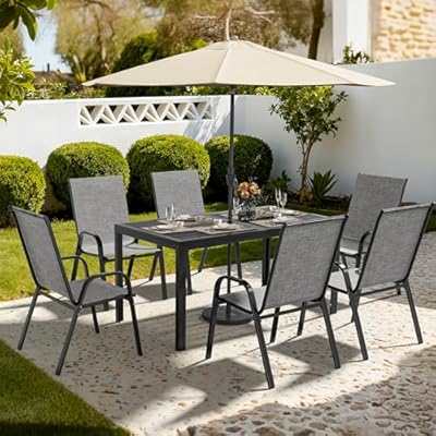 Pamapic Outdoor Dining Sets for 6, Rectangular Steel Slat Table with 6 Textilene Chairs, 7 Piece Patio Table and Chairs Set with Umbrella Hole for Patio, Garden, Backyard and Poolside (Grey)