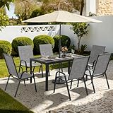 Pamapic Outdoor Dining Sets for 6, Rectangular Steel Slat Table with 6 Textilene Chairs, 7 Piece Patio Table and Chairs Set with Umbrella Hole for Patio, Garden, Backyard and Poolside (Grey)