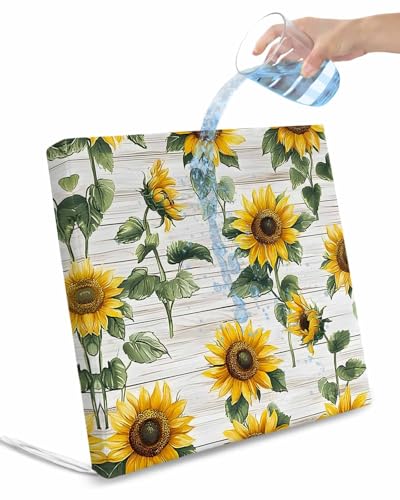 2 Pack Yellow Sunflowers Waterproof Cushion Covers with Ties, Outdoor Patio Chaise Lounge Chair Seat Cushion Slip Covers Replacement(Only Cover) Farmhouse Pastoral Wooden Plank Art 22