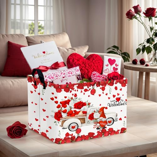Image of Cute Large Valentine's Day Gift Basket Empty Heart Decor Storage Bin for Kid Baby Room Decor (White Truck Roses)