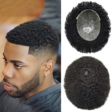 Healthlif Hair Units For Black Men Brazilian Human Hair System Pieces Afro Toupee PU Injection Natural Hairline Weave Toupee For Black Men Hair Units 8X10 6MM Afro Wave#1B Off Black