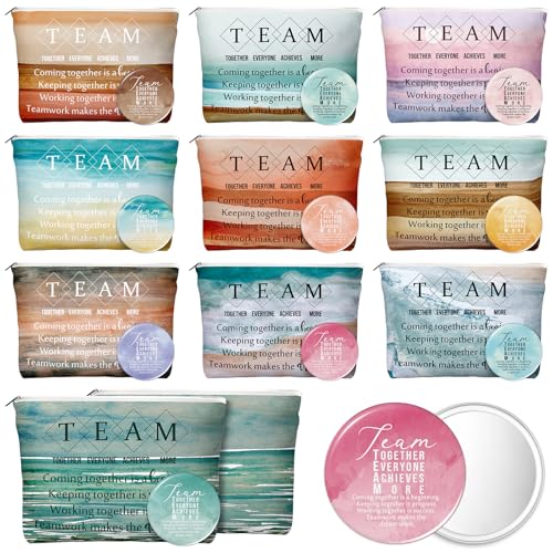 Reginary 10 Set Employee Appreciation Gift for Women Inspirational Canvas Makeup Bags Compact Mirrors Bulk Portable Pocket Mirror for Social Worker History Nurse Teacher Coworker(Bright Color)