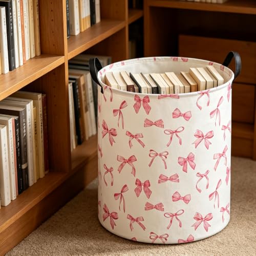 Image of 19.7 inch Laundry Basket,Dirty Clothes Hamper,Waterproof Storage Bin(Pink Bowknot)
