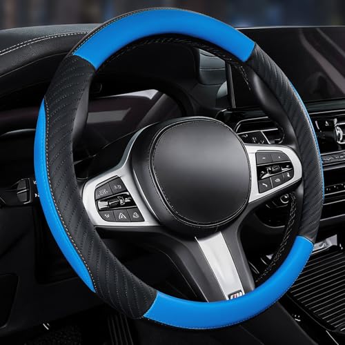 Car Steering Wheel Cover Leather - Soft Microfiber Steering Wheel Cover Universal Size M 37-38cm /14.5-15inch, Anti-slip, Breathable, Blue