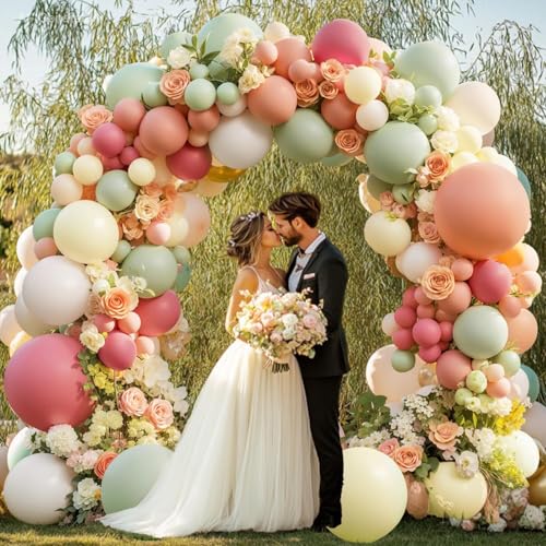 Image of Blocesa Green Pink White Balloons Arch Kit, Double Stuffed Pastel Balloon with Sage Green Peach Mauve Light Yellow White Sand Balloon for Birthday Party Wedding Woodland Safari Summer Pool Decor