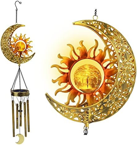 JYPS Sun Moon Solar Wind Chimes for Outside Crackle Glass Ball Waterproof Wind Chimes Outdoor Clearance Deep Tone Garden Decor Birthday Unique Gifts for Women Mom Grandma Windchimes Gardening