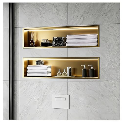 Niche de Douche encastrée en Acier Inoxydable avec lumière LED, étagère Murale imperméable pour Le Stockage de Salle de Bain, no tuile, Or, 920x320x125mm