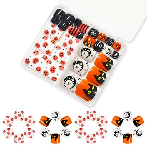 Uñas Postizas Profesionales Postizas 48PCS Patrón De Gatos Calabaza Con Detalles Florales Consejos Para Mujeres Ocupadas Pegatinas Gatos Halloween