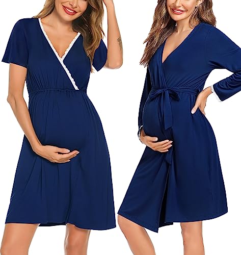 SWOMOG Womens Maternity Nursing Nightgown and Robe Set 3 in 1 Labor Delivery Gown Hospital Bathrobe for Breastfeeding