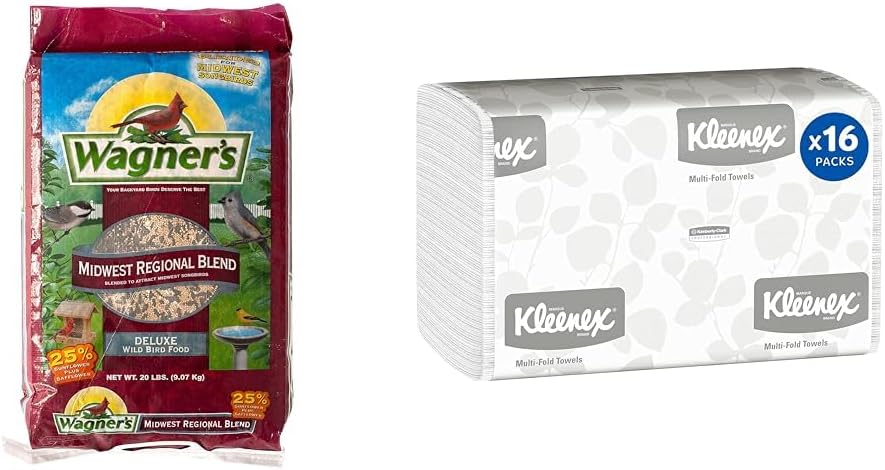 Wagner's 62006 Midwest Regional Blend Wild Bird Food, 20-Pound Bag & Kleenex® Multifold Paper Towels (01890), 1-Ply, 9.2" x 9.4" Sheets, White, (150 Sheets/Pack, 16 Packs/Case, 2400 Sheets/Case)