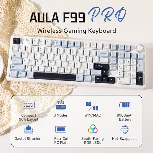 Image of MechLands Aula F99 PRO 96% Mechanical Gaming Keyboard, BT5.0 /USB-C /2.4GHz Wireless, Hot Swappable Gasket Custom Keyboard with 8000mAH Battery, Rotary Knob, RGB Backlit for Win /Mac (White Blue)