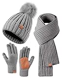 Winter Beanie Hat Scarf Gloves Set for Women, Winter Hats for Women Fleece Lined Warm Thermal, Womens Beanie with Pom Pom Long Scarf Neck Warmer Touchscreen Gloves 3 in 1 Cold Weather Set(Gray)