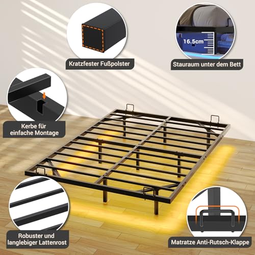 DICTAC Bett 120x200 cm mit LED Beleuchtung Bettgestell 120x200 mit Lattenrost aus Metall Bettrahmen Erwachsene Floating Bed Frame mit Licht-Robust und Stabil,Leichte Montage,Schwarzer(ohne matratze)