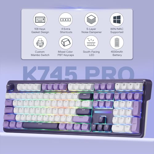 Image of Redragon K745 PRO Wireless Gasket RGB Gaming Keyboard, 108 Keys Mechanical Keyboard w /Extra 4 Hotkeys, Hot-Swap South-Facing LED Socket, 5-Layer Noise Dampening, Round PBT Keycaps, Mint Mambo Switch
