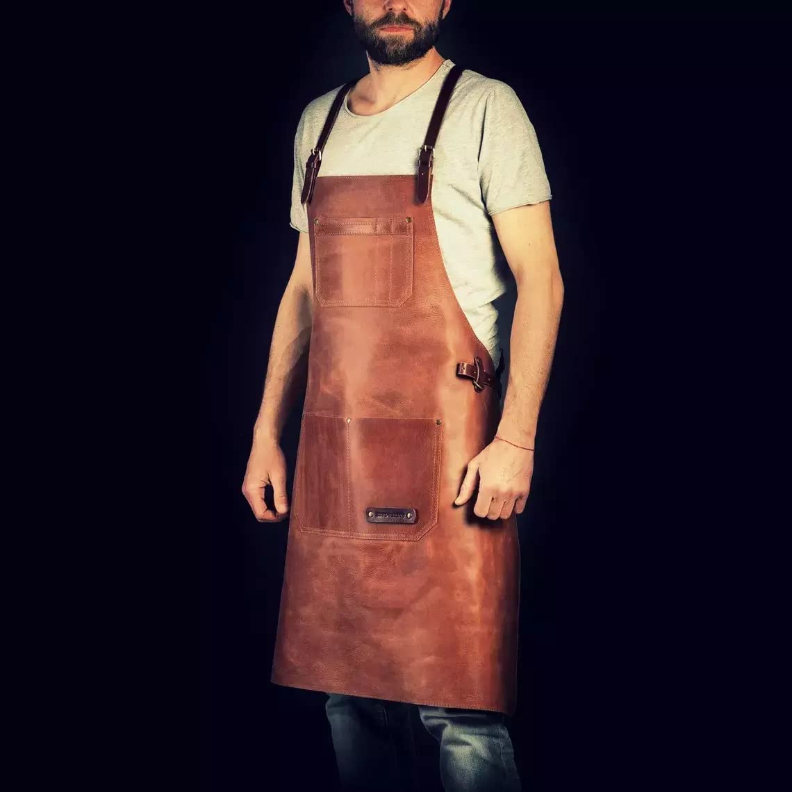 Number Seven Delantal de cuero para barbacoa, delantal de cocina para cocineros, delantal de barman, regalo de chef, ajustable de S a 4XL para hombres y mujeres, marrón, grande