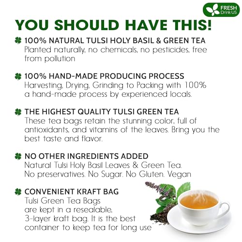 Image of FreshDrinkUS, Premium 75 Tulsi Green Tea Bags, 100% Natural, Blend of Tulsi Holy Basil Leaves, and Green Tea Leaves. Made with Natural Material Tea Bags. No Sugar, Vegan.