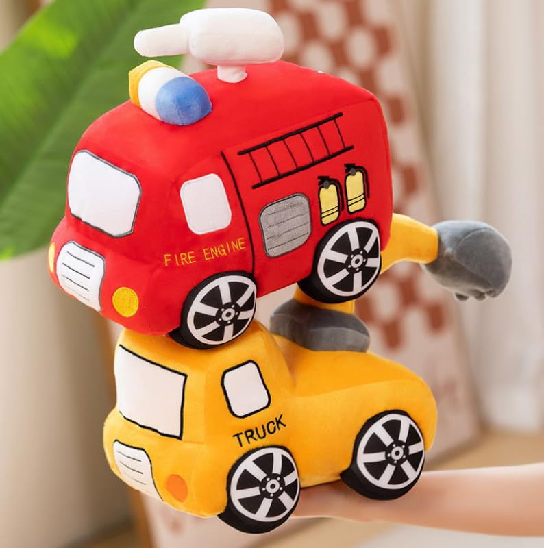 Image of Car Plush Toy Soft Stuffed Car Plush Pillow Toy CuteTractor Cartoon Throw Pillow Plushie Gifts for Kids Birthday Christmas Party (Fire Truck)