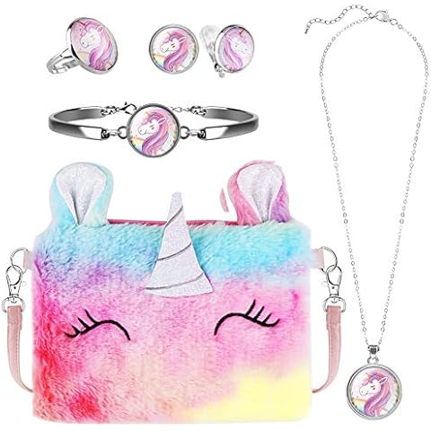 Hifot Plüsch Einhorn Handtaschen Mädchen kinderschmuck, Unicorn Kette Halskette Armband Ohrringe Ring schmuckset, Umhängetaschen Kleid Gastgeschenke Geschenk Cover