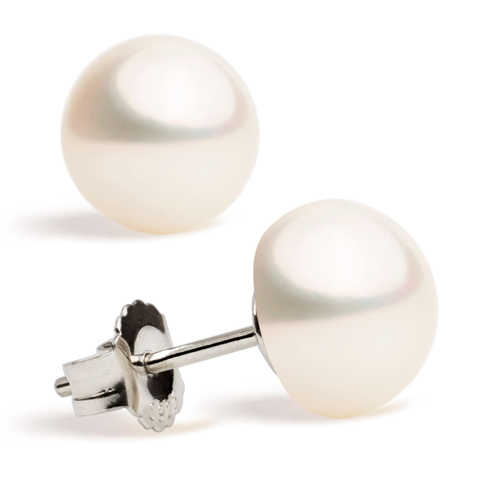Women Pearl Stud Earrings. Fresh Water Cultured Pearls Button Shape Secret & You | 925 Sterling Silver Mounts | Available in 10 sizes from 4 mm to 13