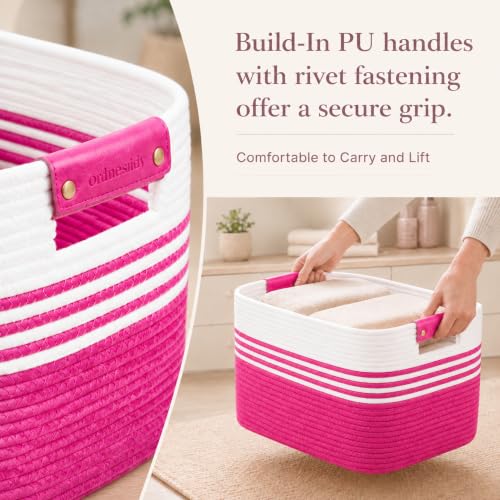 Image of 22.8GAL Extra Large Collapsible Laundry Basket for Dirty Clothes,Shoes, Sturdy Portable Aesthetic Boho Heavy Duty Wicker Hamper for Living Room Thow Pillows Blankets Storage Organizer,Hot Pink
