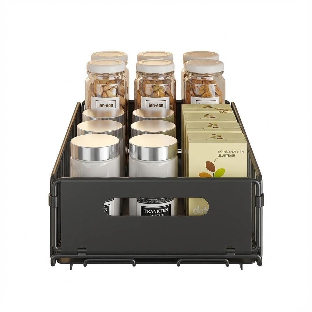 Aptliton Pull Out Cabinet Organiser, No Drill Heavy Duty Carbon Steel Slide Out Kitchen Drawers, 24.5x37.5x10 CM Sliding Pantry Shelves Storage Basket for Cupboard, Under Sink, Bathroom, Wardrobe