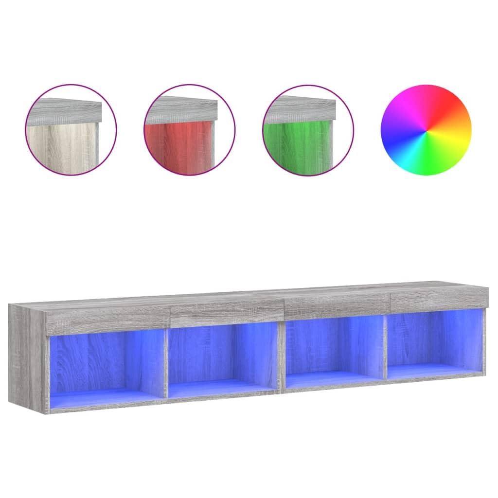 Juego de 2 armarios de TV con luces LED, gris Sonoma, 80 x 30 x 30 cm, montaje en pared, espacio de almacenamiento para salón, madera resistente