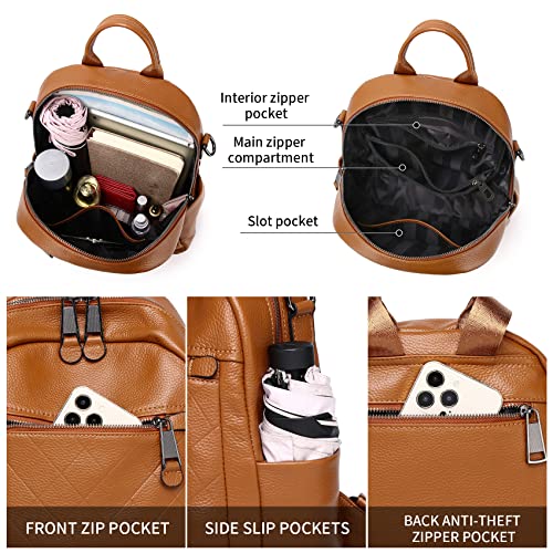 Image of Genuine Leather Backpack Purse For Women | Fashion Convertible Ladies Shoulder Bag Burnt Caramel /Orange