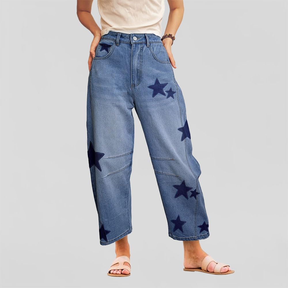Jeans a barile da donna larghi con stampa a ferro di cavallo jeans a ferro di cavallo a vita media gamba larga ritagliati alla caviglia pantaloni in denim
