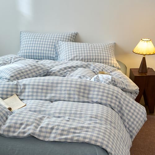 Image of EAVD Vintage Style Blue&White Plaid Gingham Duvet Cover Full Soft 100% Washed Cotton Chic Grid Checkered Bedding Set with 2 Pillowcases Farmhouse Blue Plaid Duvet Cover with Zipper Closure