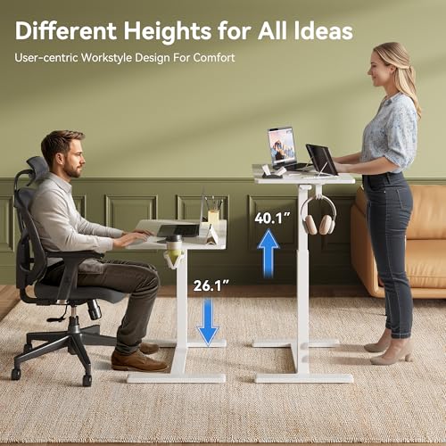 Image of Mobile Standing Desk on Wheels, Pneumatic Height Adjustable, White