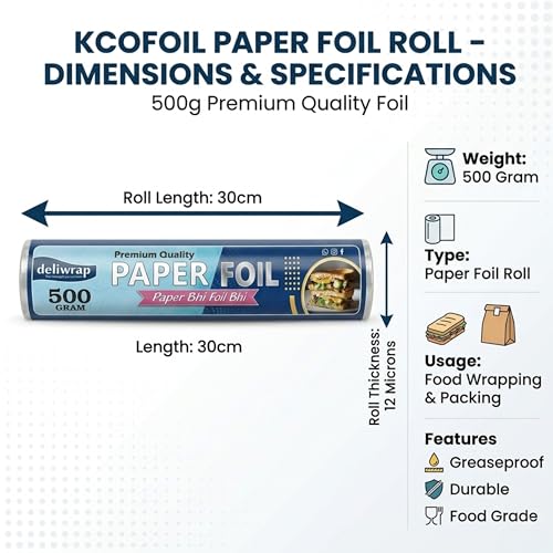 Image of 2-in-1 Paper & Silver Aluminium Foil Roll (500g Net) | Greaseproof & Heat Retention | Keeps Food Fresh | Perfect for Wrapping, Packing, Storing & Serving