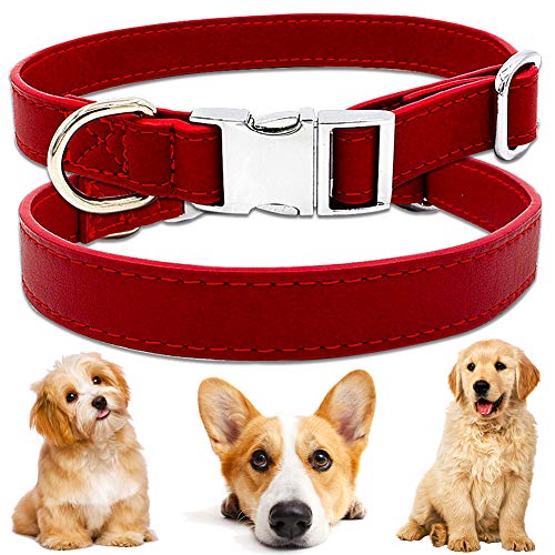 BETOY - Collar para perros y mascotas, de piel suave, ajustable, con piel sintética, para perros pequeños, medianos y grandes, cachorros y gatos, rojo (27 cm hasta 40 cm y 2 cm de ancho)