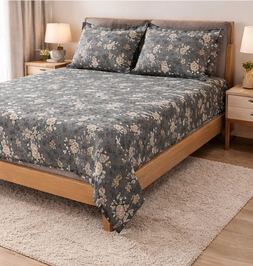 Image of 210 TC Glace Cotton Floral Grey Printed Cotton Bedsheet with Pillow Cover - Soft & Breathable Double Bed Sheet 90x100 Inche
