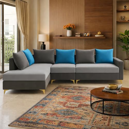 Image of FURNY Gloriss 6 Seater Fabric LHS L Shape Sofa Set with Multi-Color Aqua Blue Cushions (Light Grey-Dark Grey) Premium Velvet Finish with Golden Legs | Ideal for Living Room, Offices