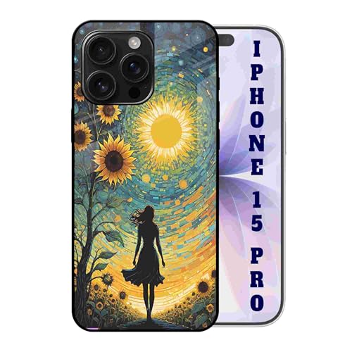 Abaci® Back Case Cover Compatible with iPhone 15 Pro for Girl Women Men Boy | Printed Glass Shockproof Backcover | Premium Glossy Slim | Screen Camera Drop Protection | Stylish Sunflower Girl