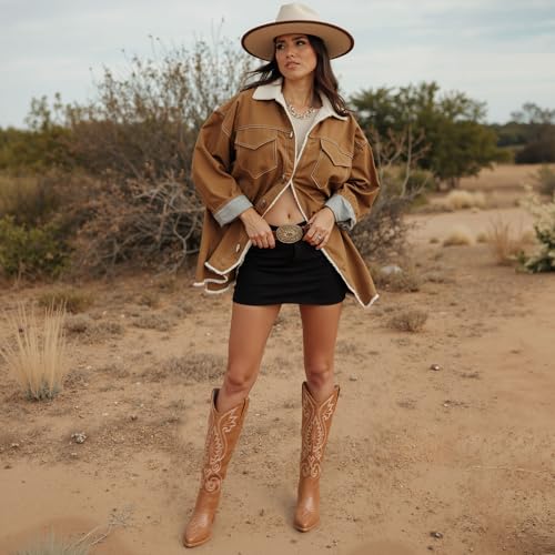 Image of Modatope Knee High Cowboy Cowgirl Boots Embroidered Tall Western Boots for Women with Block Chunky Heel Pointed Toe and Slip on Design